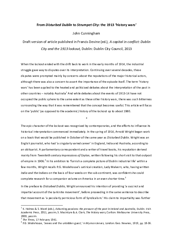 (PDF) From Disturbed Dublin to Strumpet City the 1913 'history wars