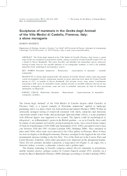 Sculptures of mammals in the Grotta degli Animali of the Villa Medici di Castello, Florence, Italy: a stone menagerie 