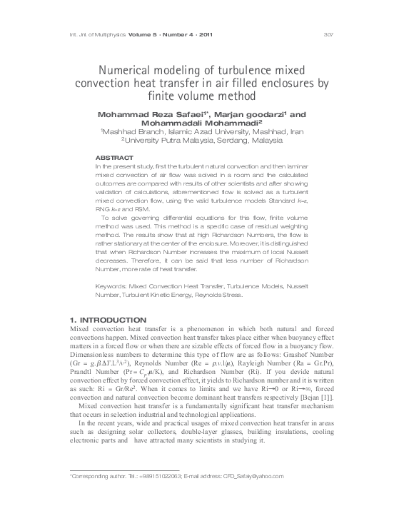 (PDF) Numerical modeling of turbulence mixed convection heat transfer ...
