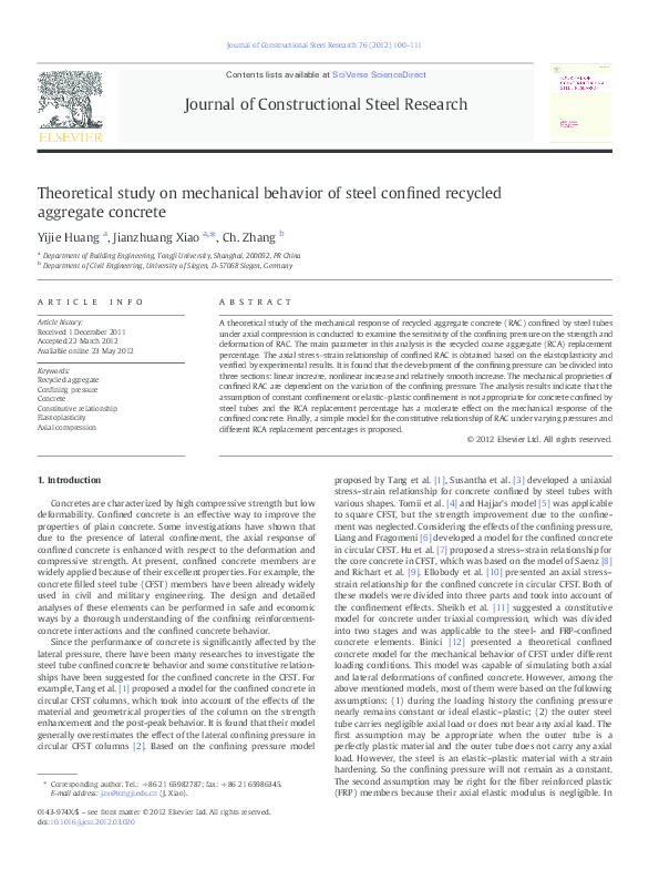 (PDF) Theoretical study on mechanical behavior of steel confined ...