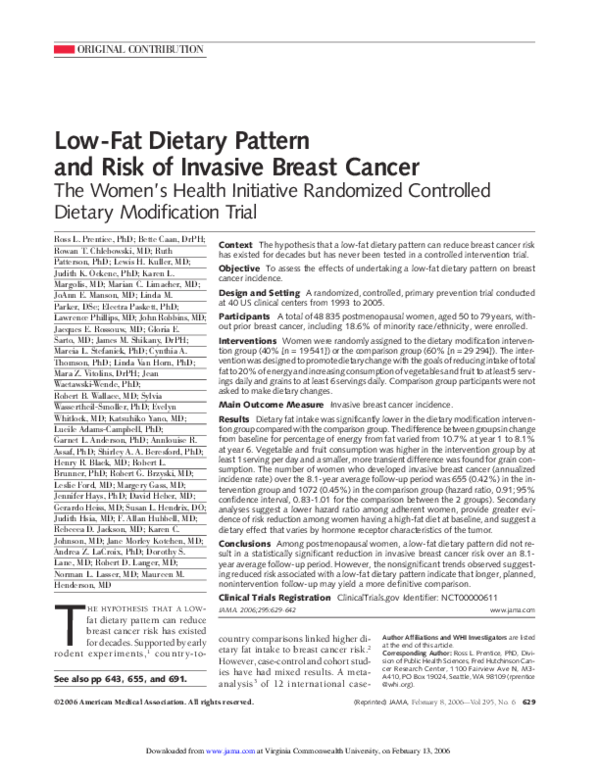 (PDF) Lowfat dietary pattern and risk of invasive breast cancer the