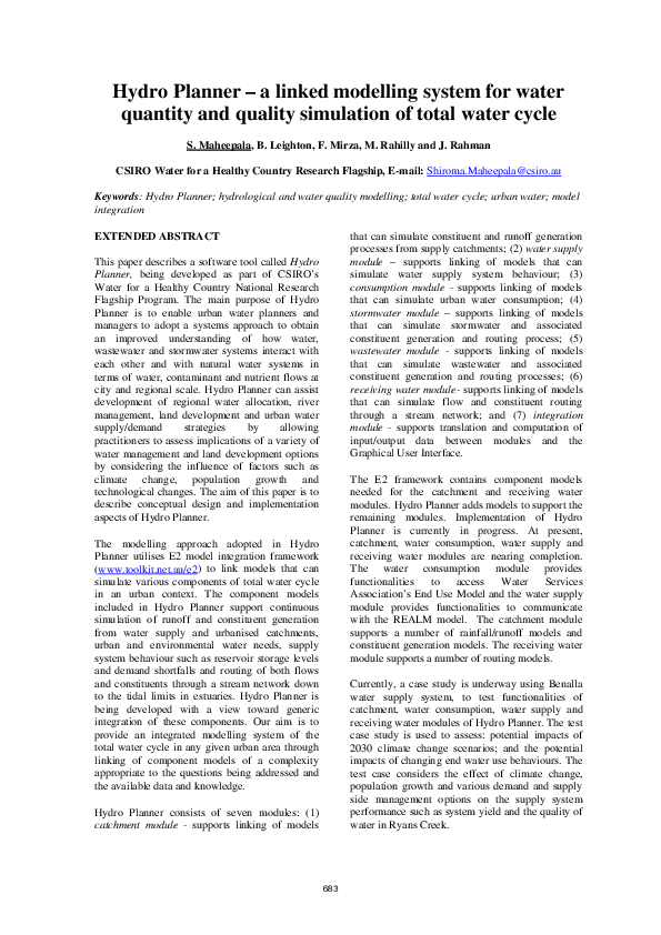 (PDF) Hydro Planner - a linked modelling system for water quantity and ...