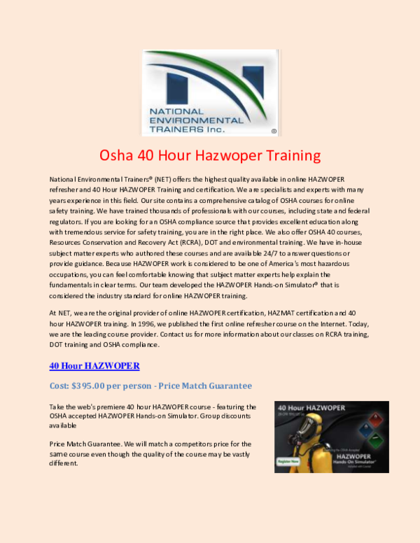 (PDF) Osha 40 Hour Hazwoper Training natlenv trainers Academia.edu