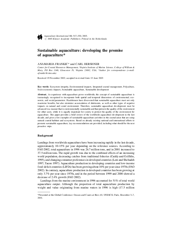 Pdf Sustainable Aquaculture Developing The Promise Of Aquaculture