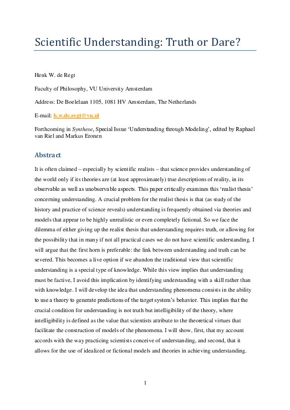 (PDF) Scientific understanding: Truth or dare?