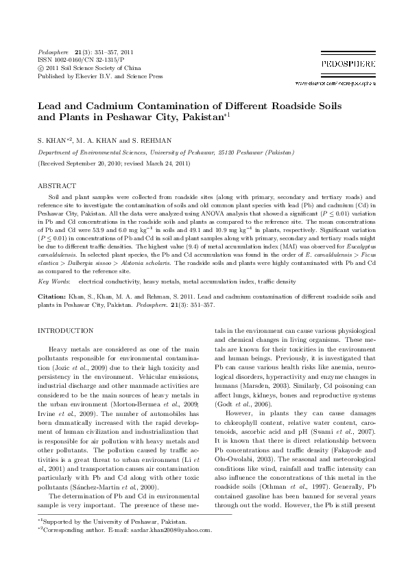 (PDF) Lead and cadmium contamination of different roadside soils and plants in Peshawar city