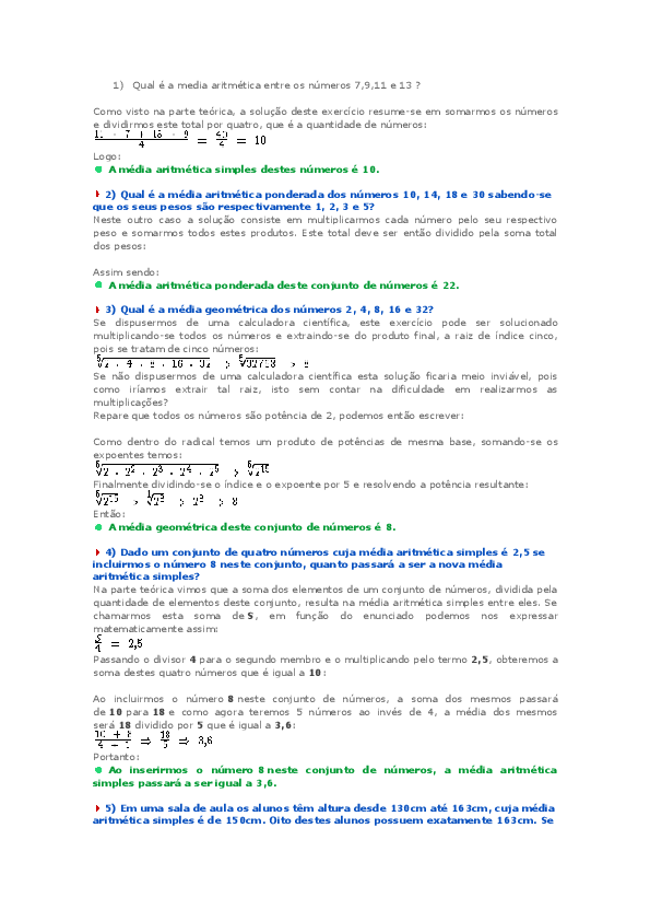 (DOC) Exercicios de media aritmetica ponderada geometrica