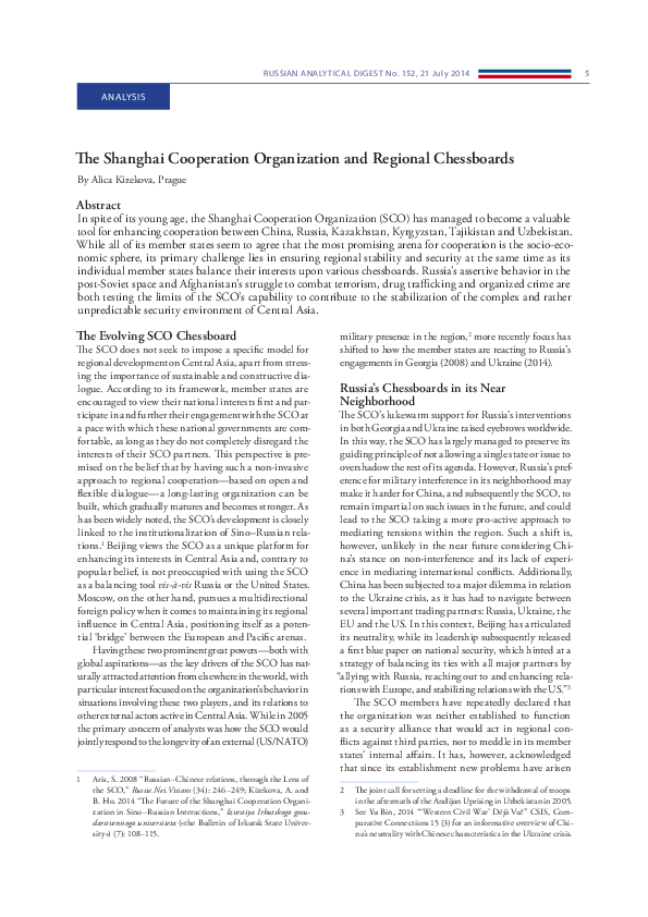 (PDF) The Shanghai Cooperation Organization and Regional Chessboards