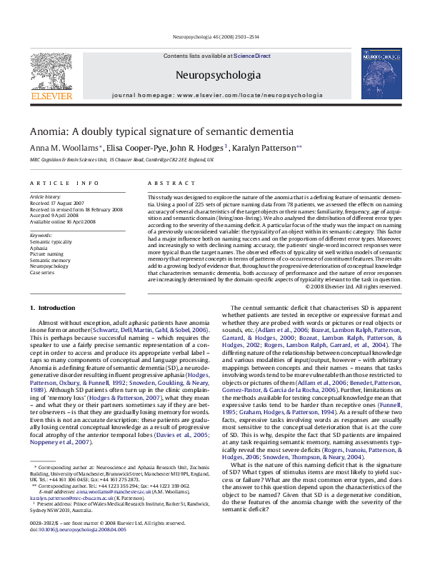 (PDF) Anomia: A Doubly Typical Signature of Semantic Dementia