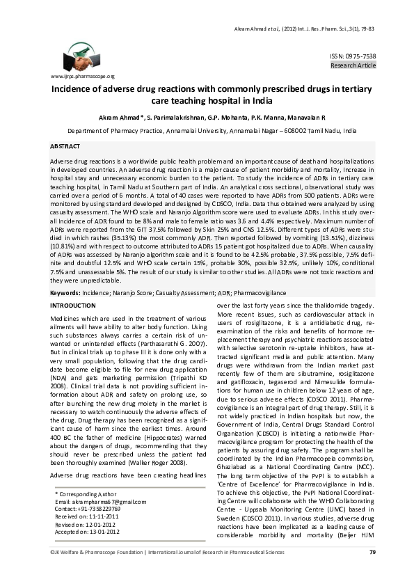 (PDF) Incidence of Adverse Drug Reactions With Commonly Prescribed ...