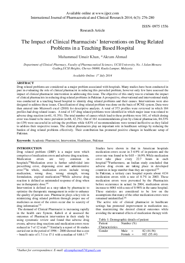 (PDF) The Impact of Clinical Pharmacists’ Interventions on Drug Related ...