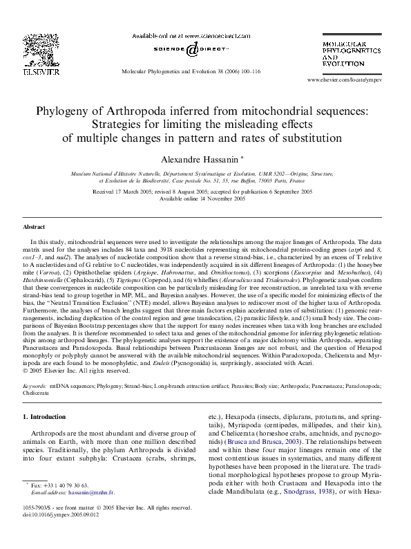 First page of “Phylogeny of Arthropoda Inferred From Mitochondrial Sequences: Strategies for Limiting the Misleading Effects of Multiple Changes In Pattern and Rates of Substitution”