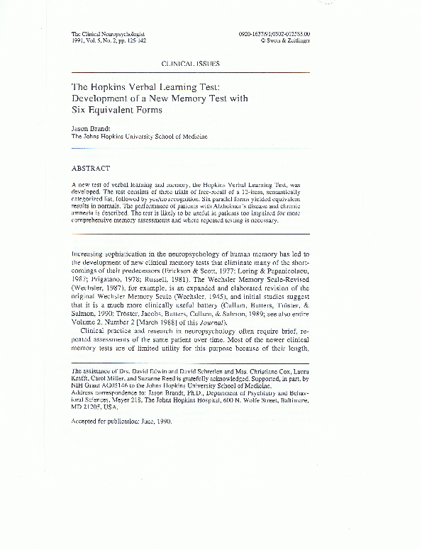 (PDF) Hopkins Verbal Learning Test