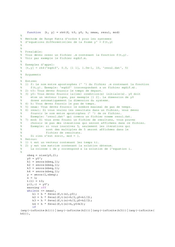 Methode de Runge Kutta d'ordre 4 pour les systemes d'equations differentielles de la forme y