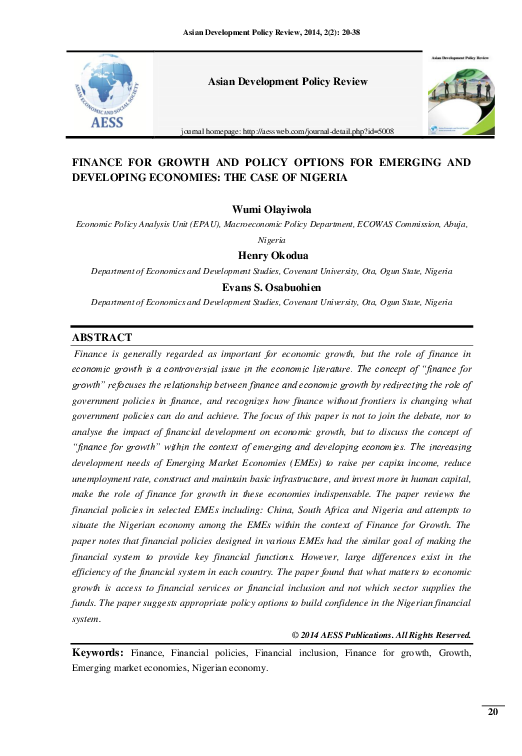 Finance for growth and policy options for emerging and developing