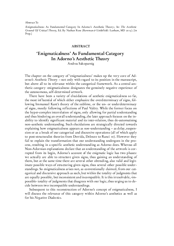 ‘Enigmaticalness’ as fundamental category in Adorno’s Aesthetic Theory