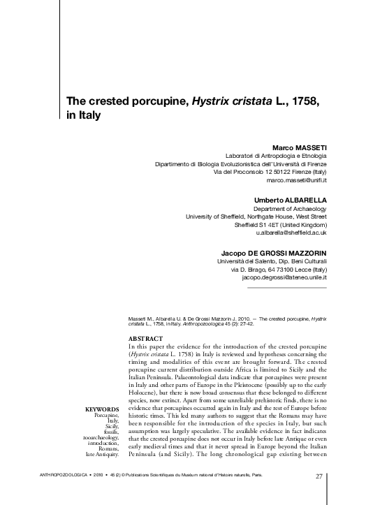 The crested porcupine, Hystrix cristata L., 1758
