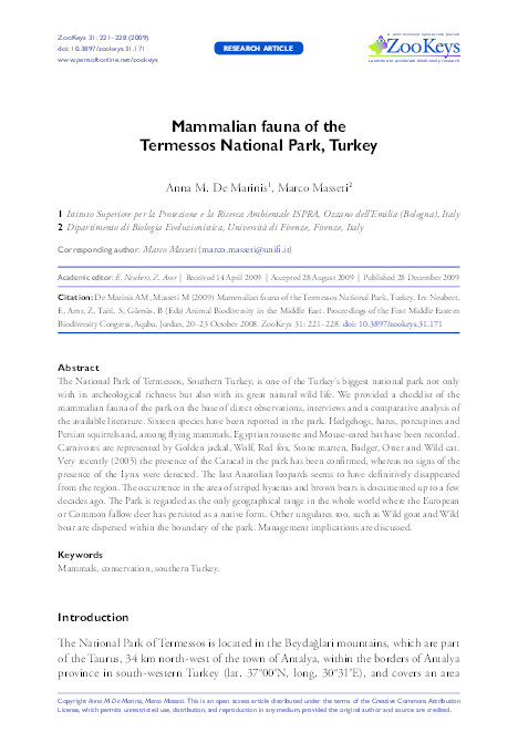Mammalian fauna of the Temessos National Park, Turkey
