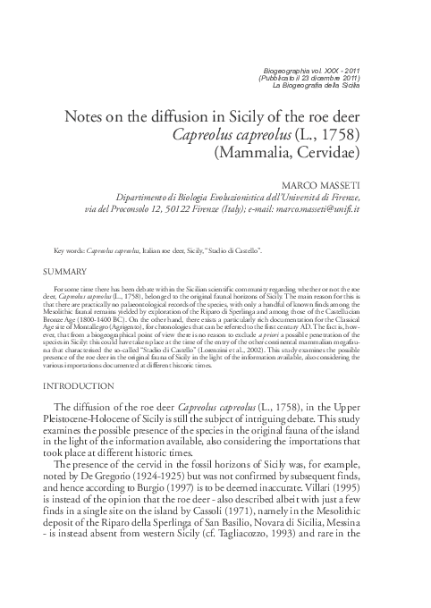 Notes on the diffusion in Sicily of the roe deer Capreolus capreolus (L., 1758) (Mammalia, Cervidae) 