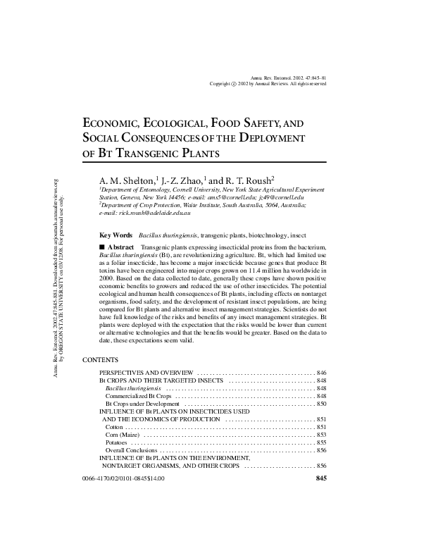 Pdf Economic Ecological Food Safety And Social Consequences Of The Deployment Of Bt Transgenic Plants Kalyani Varma Academia Edu