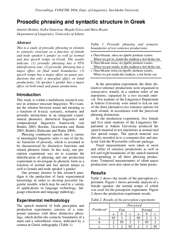 (PDF) Prosodic phrasing and syntactic structure in Greek