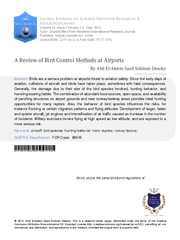 (PDF) A Review of Bird Control Methods at Airports
