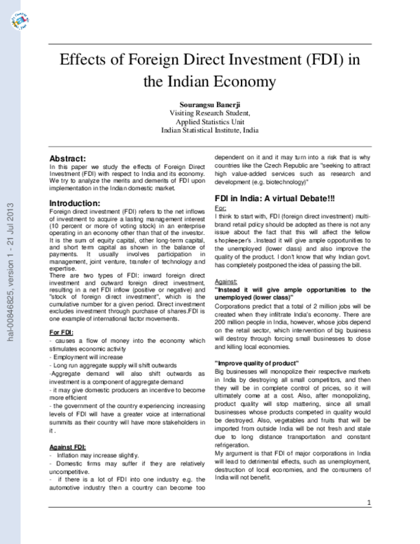 (PDF) Effects of Foreign Direct Investment (FDI) in the Indian Economy