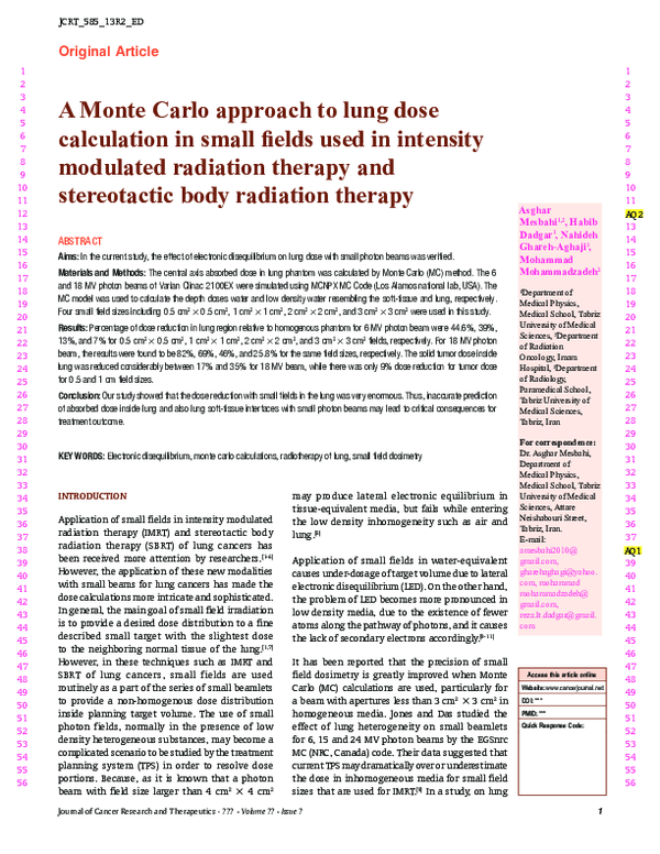 (PDF) A Monte Carlo approach to lung dose calculation in small fields ...