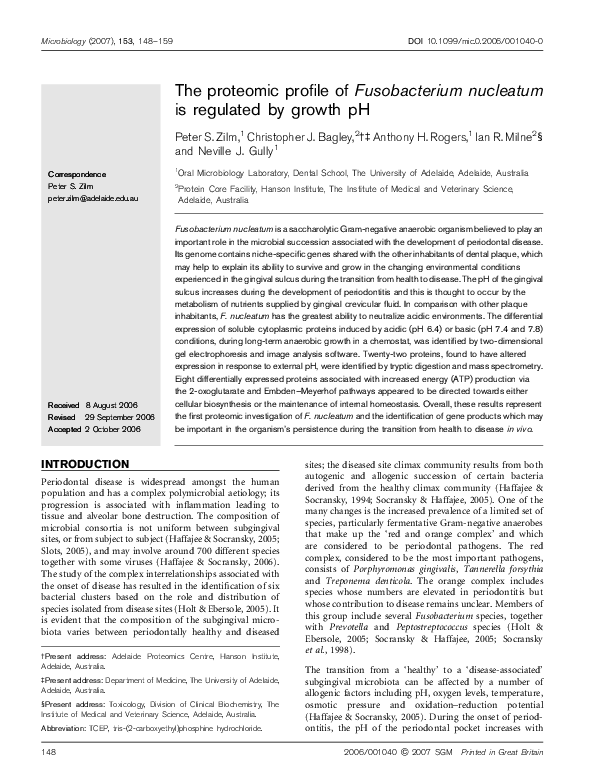 (PDF) The proteomic profile of Fusobacterium nucleatum is regulated by ...