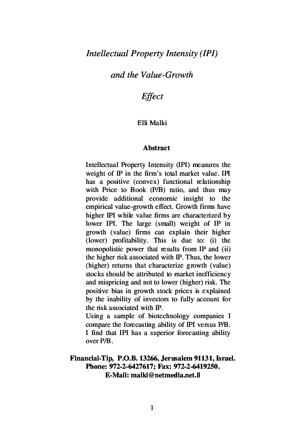 (PDF) Intellectual Property Intensity (IPI) and the Value-Growth Effect