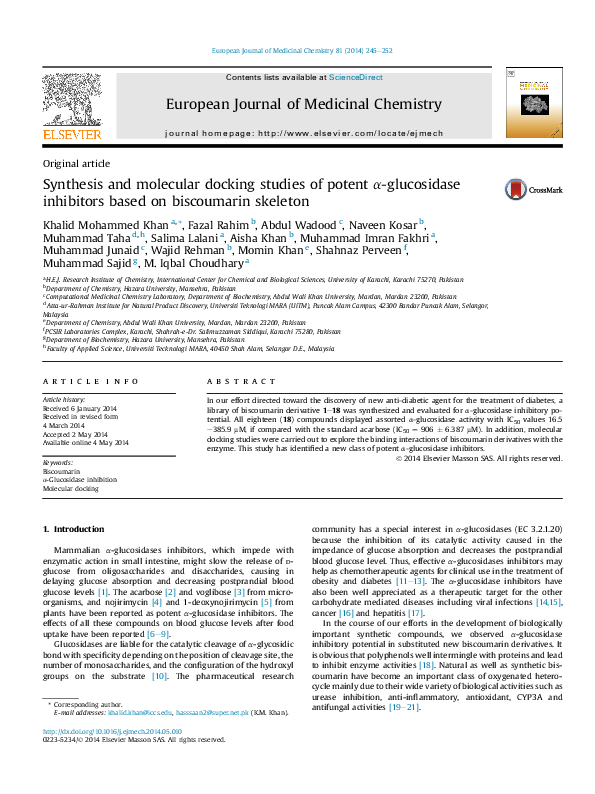 (PDF) Synthesis and molecular docking studies of potent a-glucosidase ...