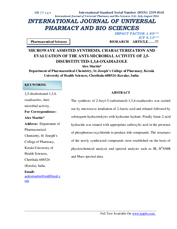 (PDF) MICROWAVE ASSISTED SYNTHESIS, CHARACTERIZATION AND