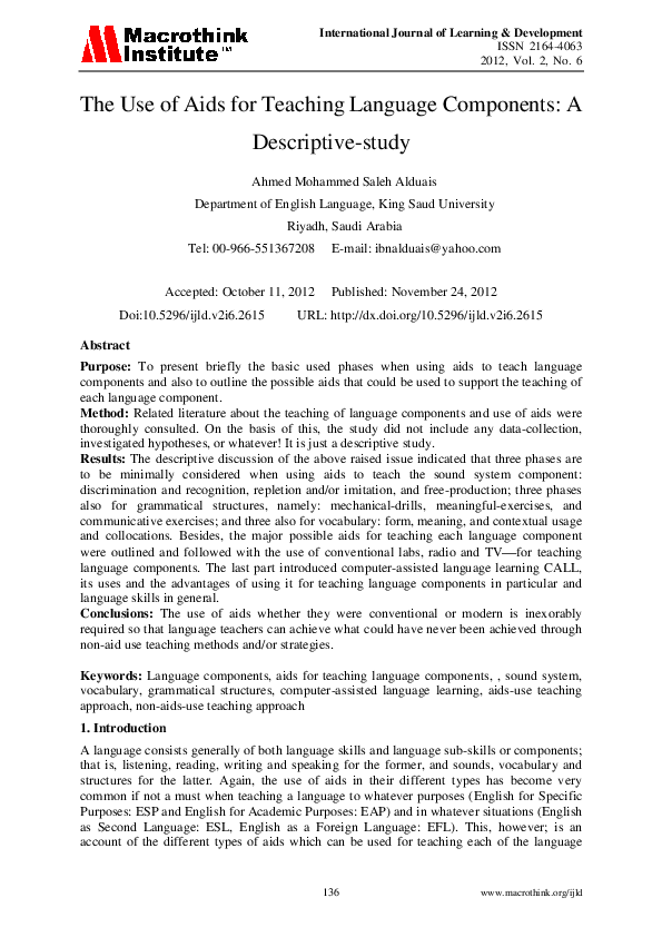 (PDF) The Use of Aids for Teaching Language Components A Descriptive