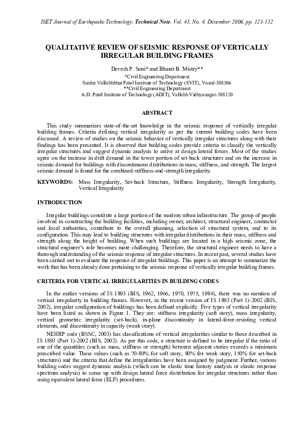 (PDF) QUALITATIVE REVIEW OF SEISMIC RESPONSE OF VERTICALLY IRREGULAR
