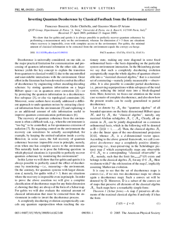 (PDF) Inverting Quantum Decoherence by Classical Feedback from the ...