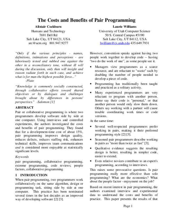 (PDF) The Costs and Benefits of Pair Programming