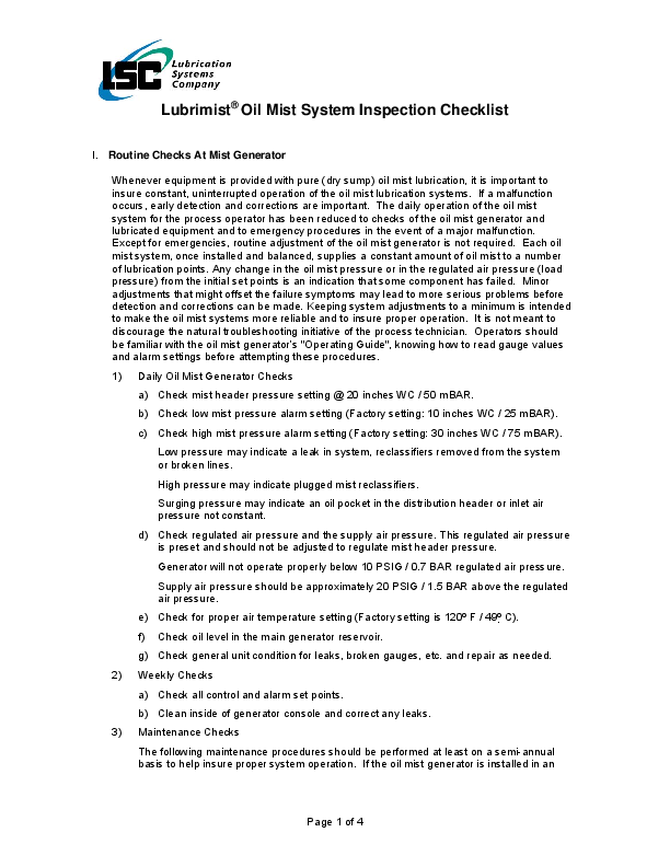(PDF) Lubrimist ® Oil Mist System Inspection Checklist I. Routine