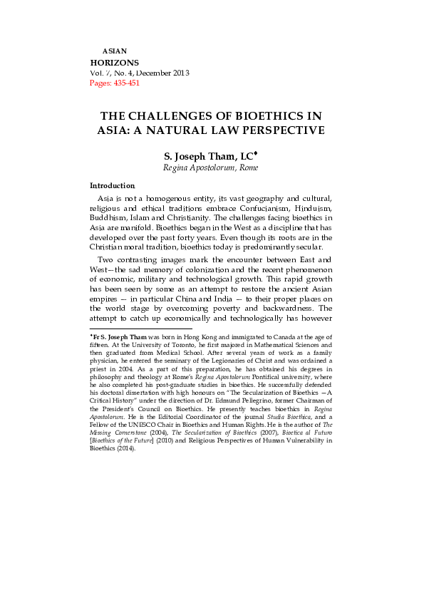 (PDF) The Challenges of Bioethics in Asia: A Natural Law perspective