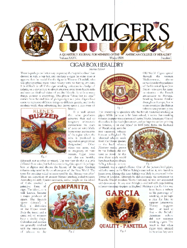 First page of ““Cigar Box Heraldry”, The Armiger’s News 36:1, 1-4, 2014”