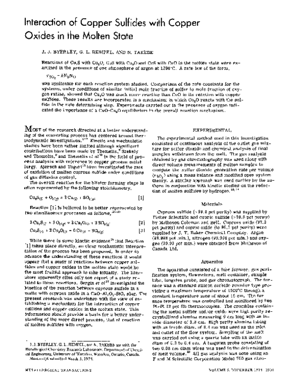 (PDF) Interaction of Copper Sulfides with Oxides in the Molten State Copper