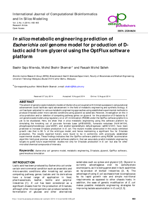 (PDF) In silico metabolic engineering prediction of Escherichia coli ...
