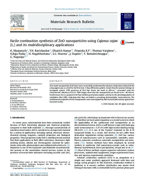 (PDF) Facile combustion synthesis of ZnO nanoparticles using Cajanus ...