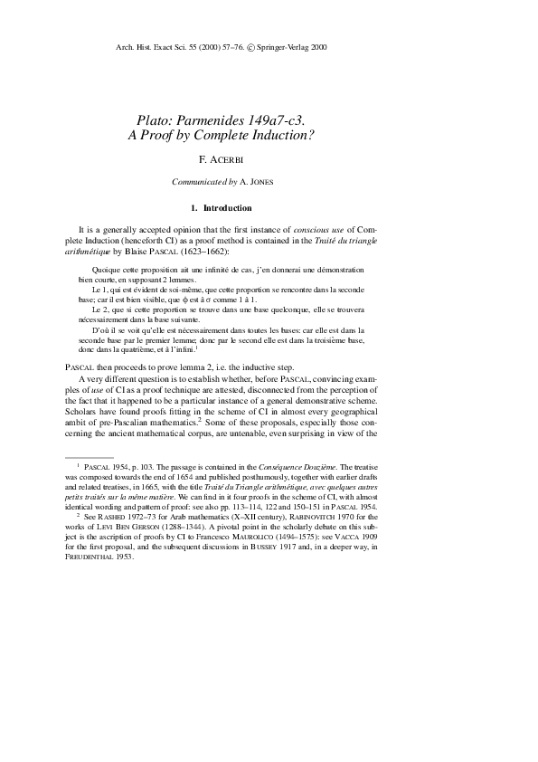 First page of “Plato: Parmenides 149a7-c3. A Proof by Complete Induction?”