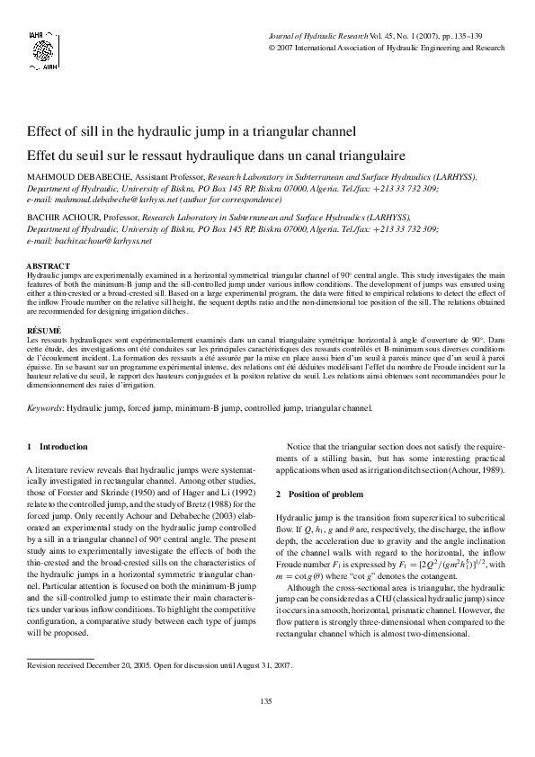 (PDF) Effect of sill in the hydraulic jump in a triangular channel