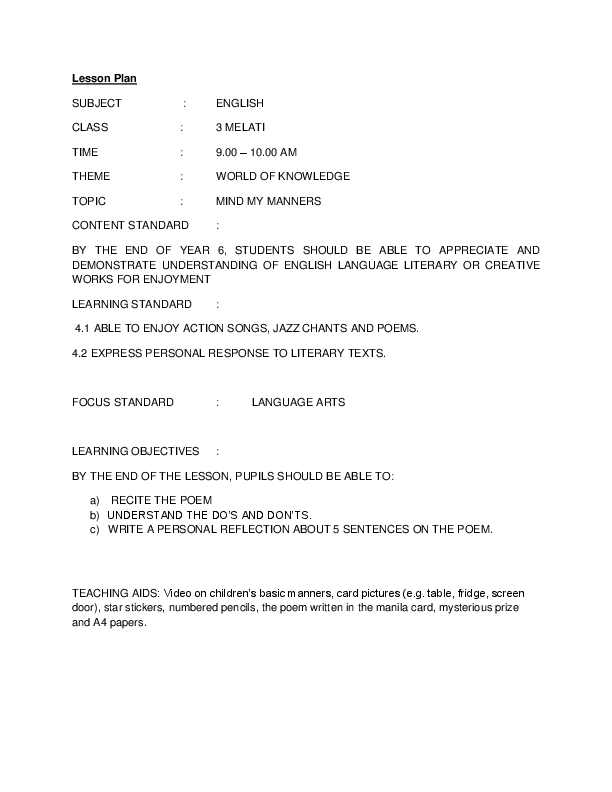 (DOC) Reflection and Lesson Plan of Poem | Cassandra TeoFilus ...