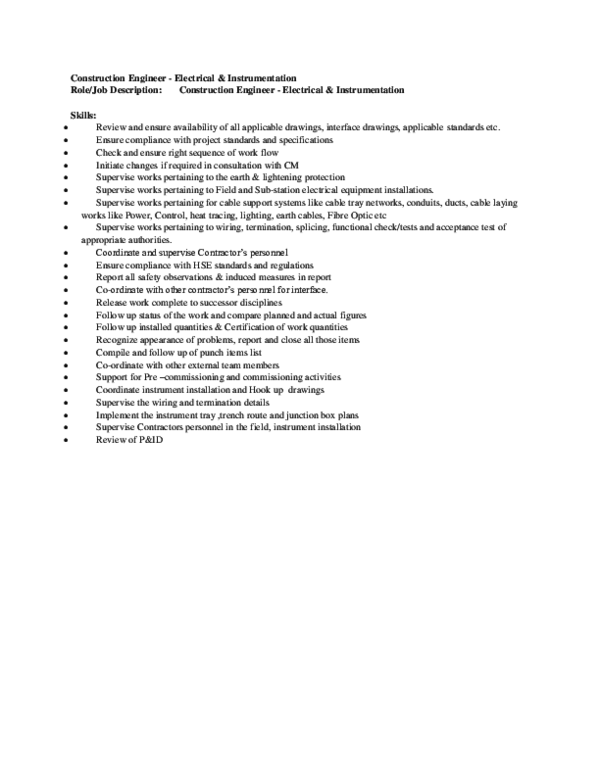 (DOC) Construction Engineer Electrical & Instrumentation Role/Job