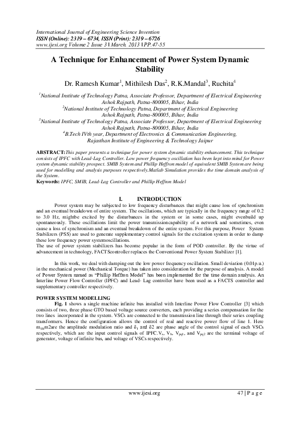 (PDF) A Technique for Enhancement of Power System Dynamic Stability