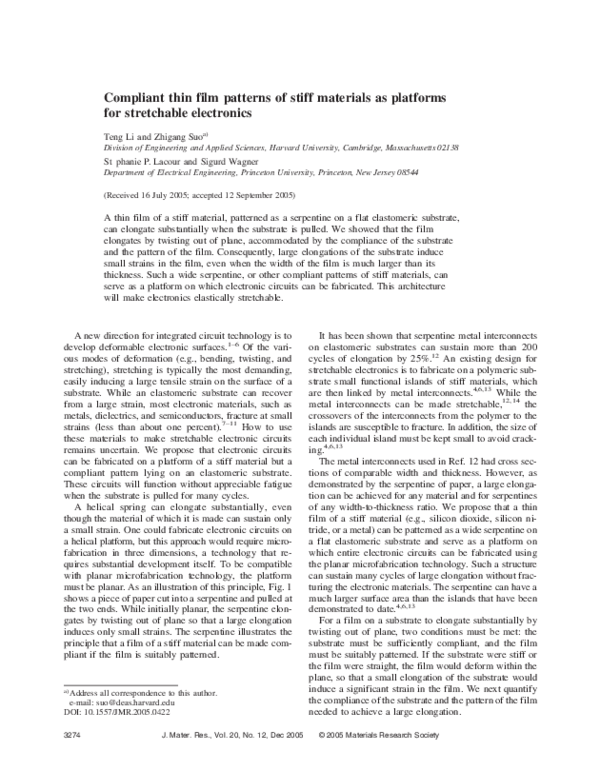 (PDF) Compliant thin film patterns of stiff materials as platforms for ...