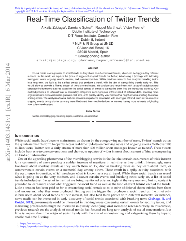 (PDF) Real-Time Classification of Twitter Trends