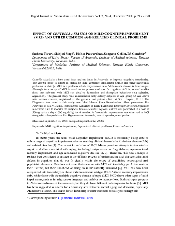 (PDF) EFFECT OF CENTELLA ASIATICA ON MILD COGNITIVE IMPAIRMENT (MCI ...